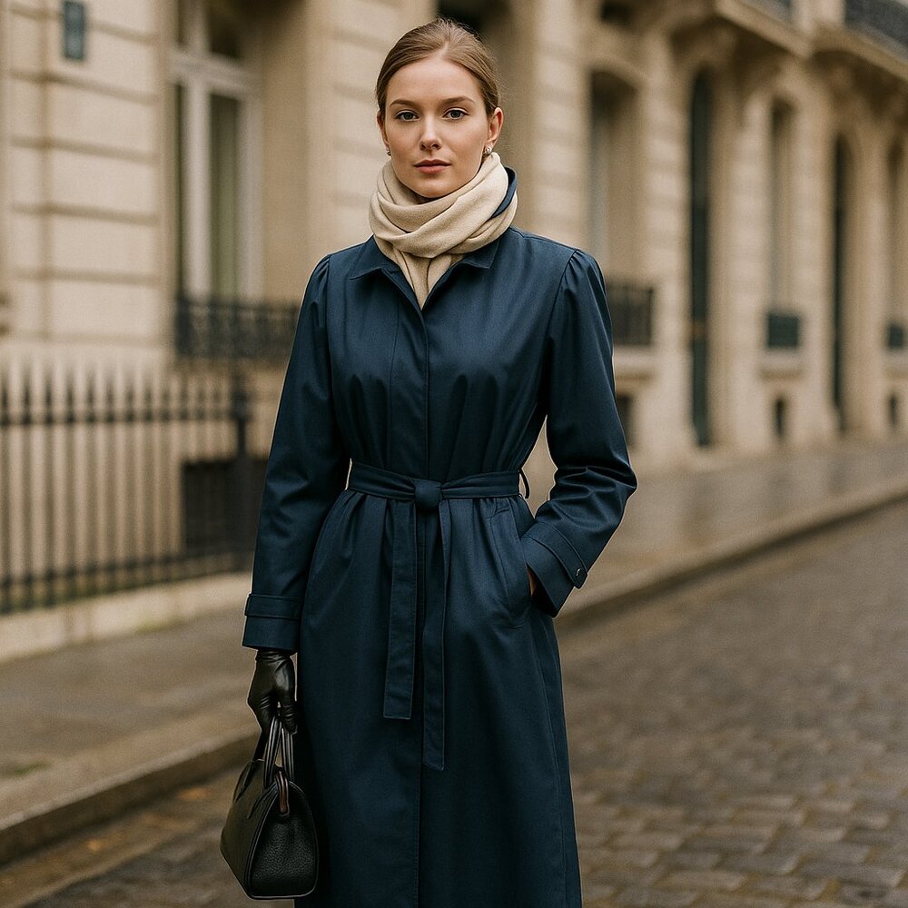 🩵 Vintage Misty Harbor Trench Coat – Navy Blue – Size 12 Petite